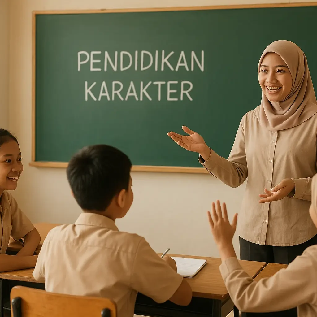Seorang guru sedang membimbing siswa di kelas dalam pelajaran pendidikan karakter. Suasana belajar terlihat aktif dan penuh interaksi antara guru dan murid