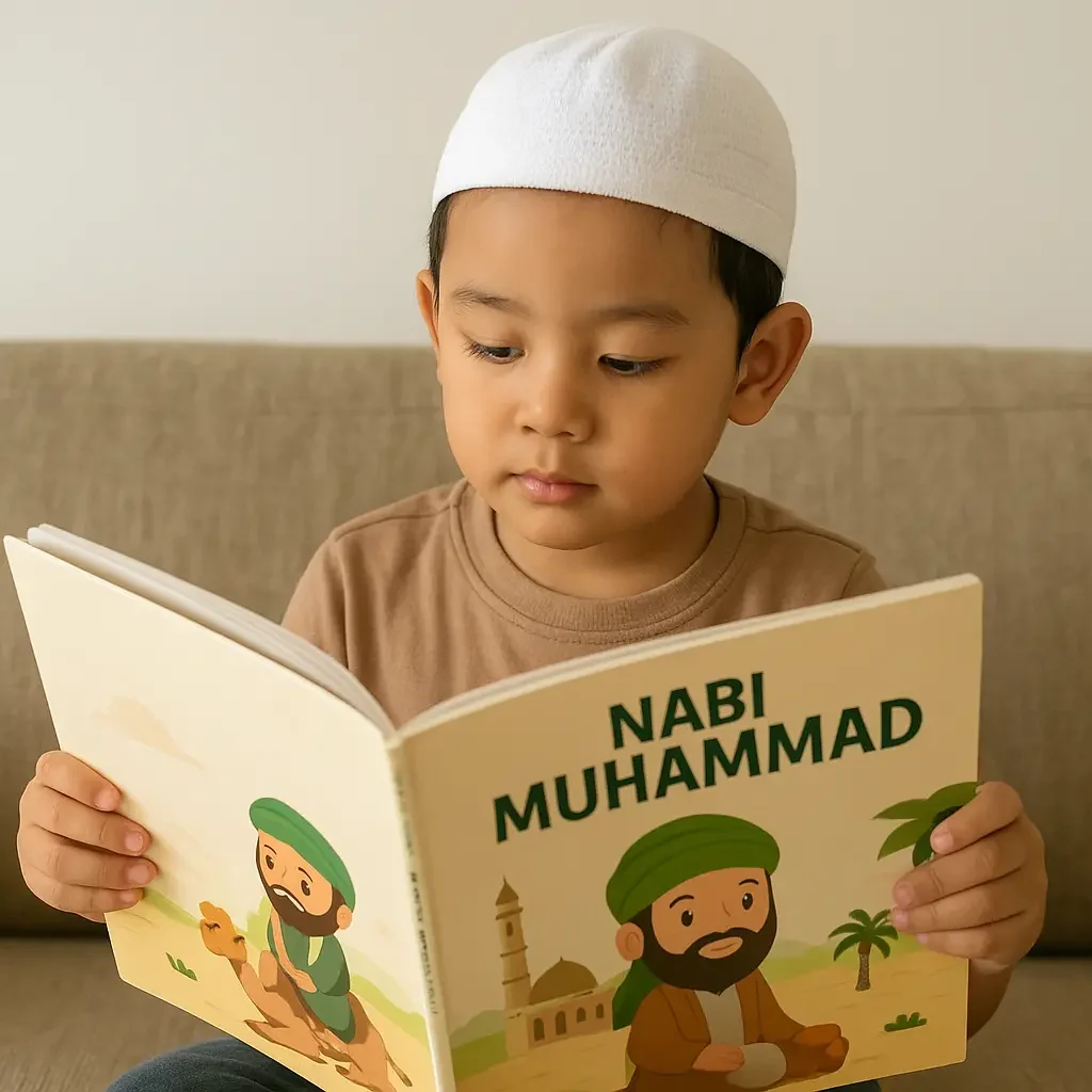 Seorang anak sedang membaca buku kisah Nabi Muhammad SAW dengan penuh perhatian, sebagai bagian dari upaya menanamkan cinta Rasul sejak usia dini
