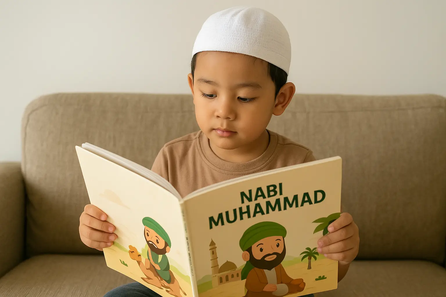 Seorang anak sedang membaca buku kisah Nabi Muhammad SAW dengan penuh perhatian, sebagai bagian dari upaya menanamkan cinta Rasul sejak usia dini