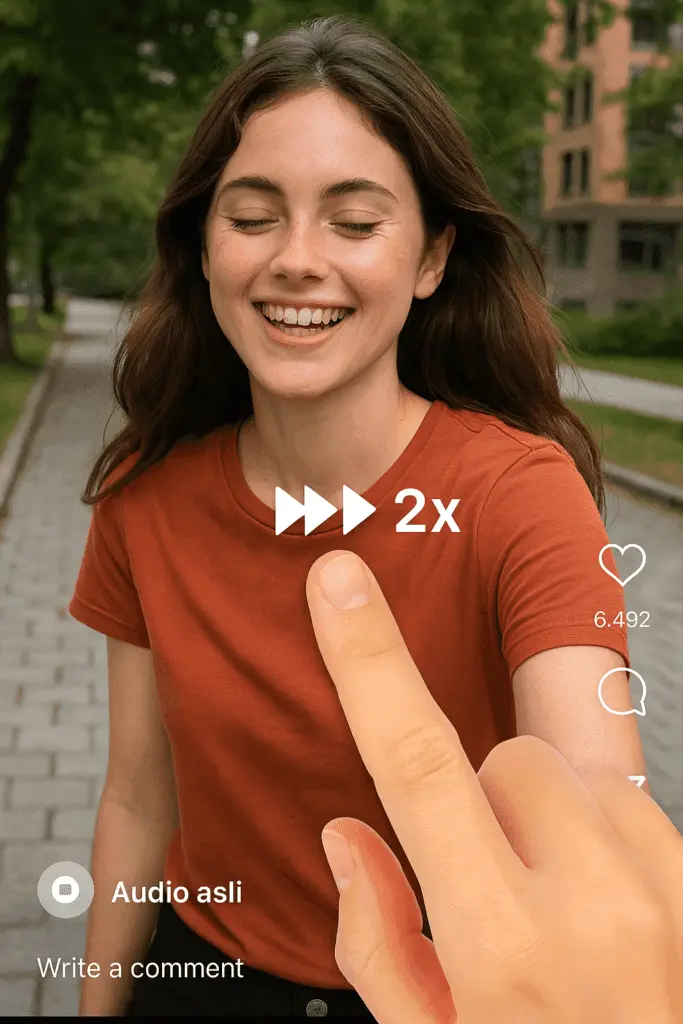 Tampilan fitur fast-forward di Instagram Reels yang memungkinkan pengguna mempercepat video hingga dua kali lipat