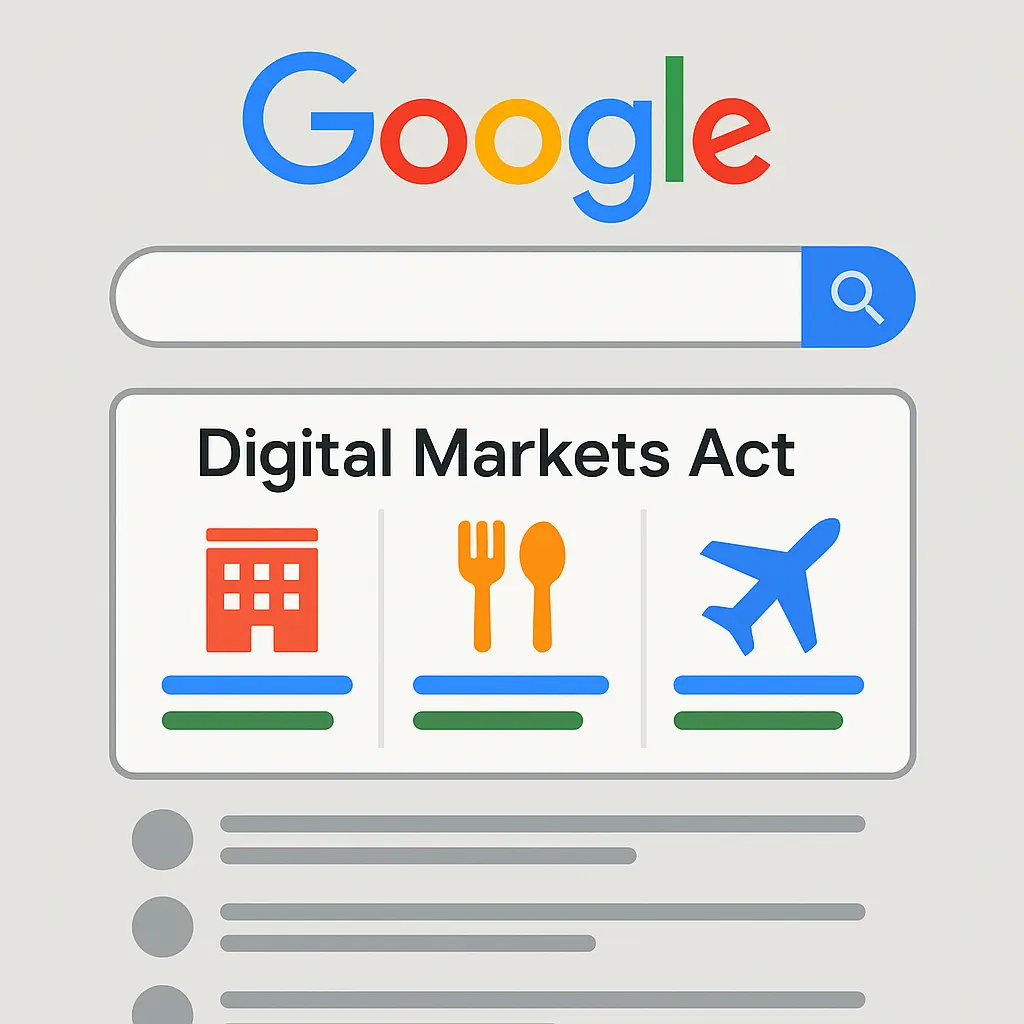 Logo Google dengan ilustrasi pencarian yang menampilkan hasil dari berbagai layanan kompetitor sesuai regulasi Digital Markets Act Uni Eropa