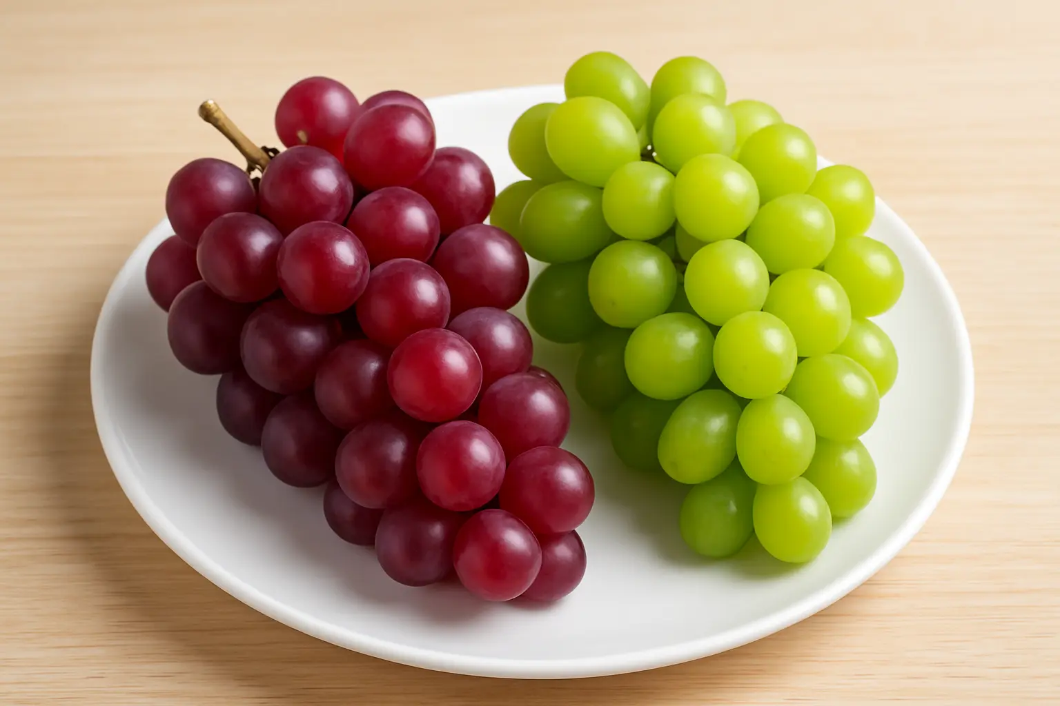 Buah anggur merah dan hijau tersaji segar di atas piring, siap dikonsumsi untuk menunjang kesehatan tubuh secara alami