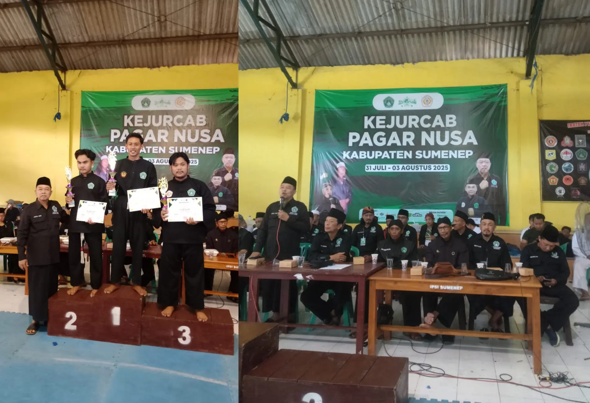 Pesilat PPMA Sumenep menerima medali emas setelah menjuarai Kejurcab Pagar Nusa 2025 di ajang silat tingkat kabupaten