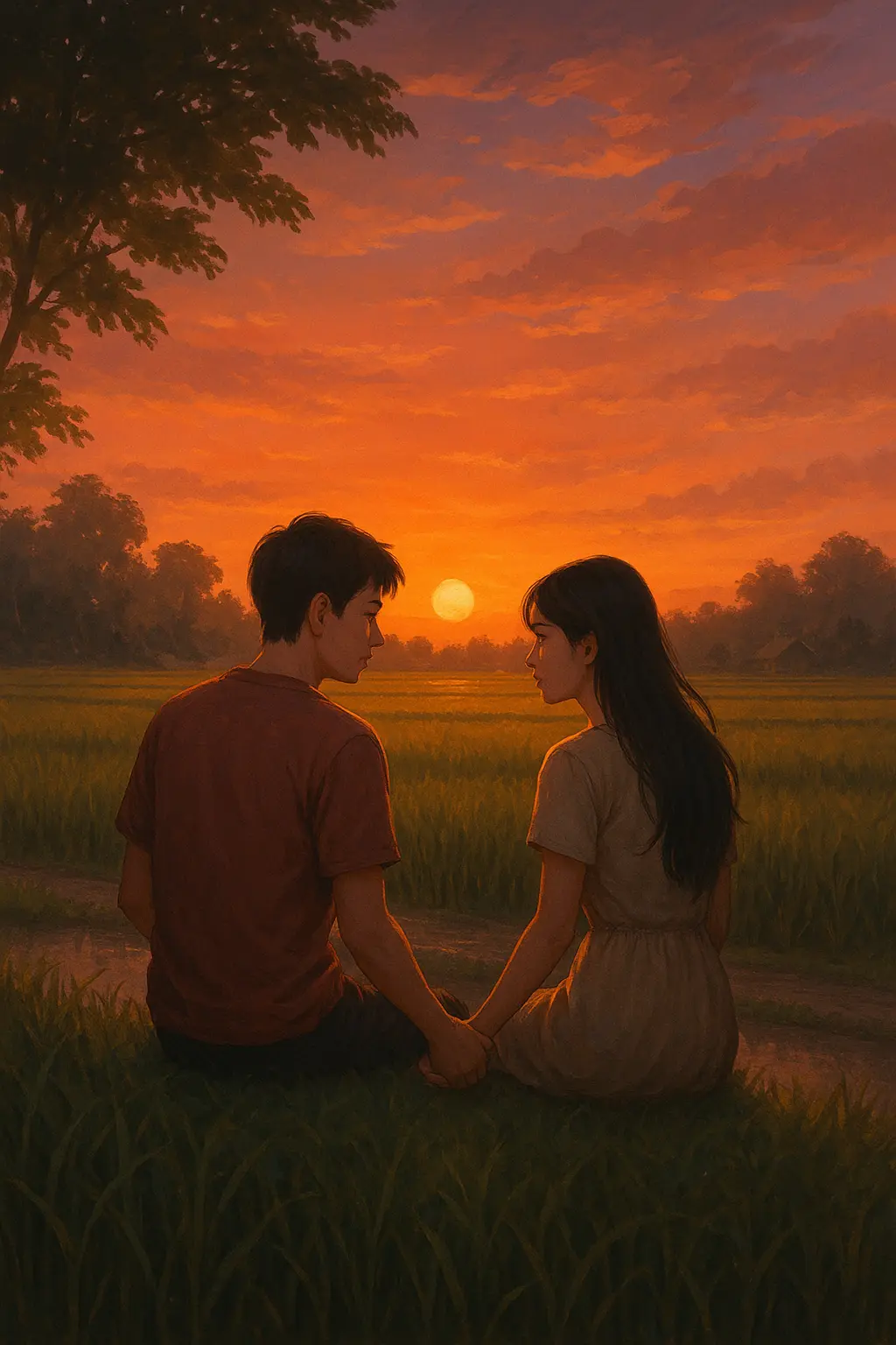Ilustrasi pasangan muda duduk di tepi sawah saat senja, menggambarkan kisah cinta romantis namun tragis yang tak direstui orang tua