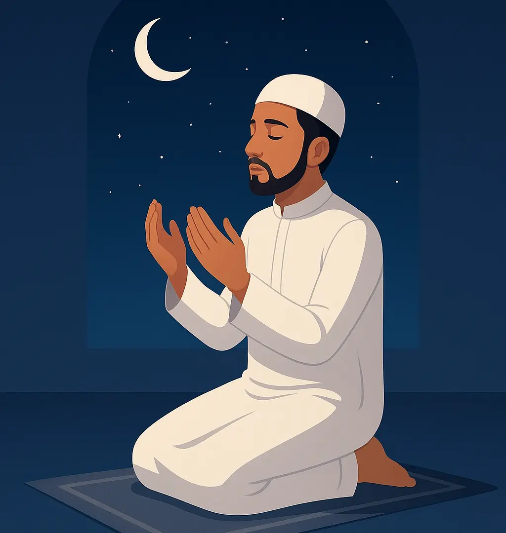 Ilustrasi umat Islam sholat Tahajud di malam hari dengan suasana tenang dan penuh kekhusyukan
