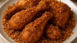 Ayam goreng lengkuas gurih dan renyah dengan taburan lengkuas garing di piring saji