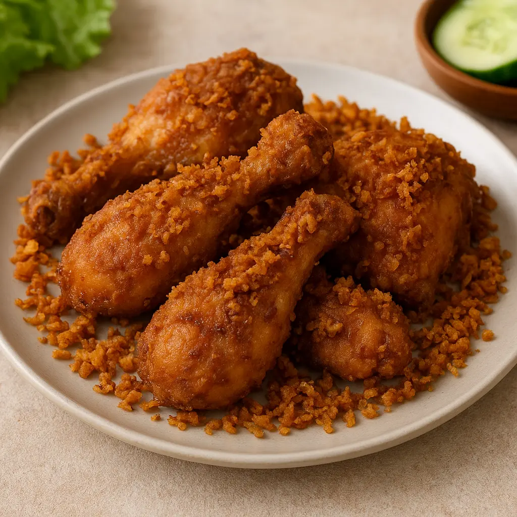 Ayam goreng lengkuas gurih dan renyah dengan taburan lengkuas garing di piring saji