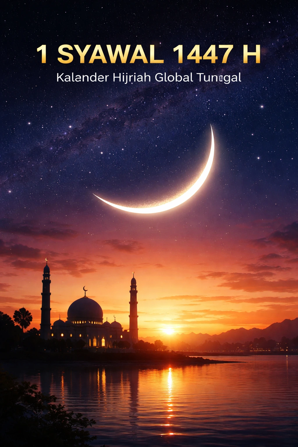 Ilustrasi hilal awal Syawal 1447 H menurut Kalender Hijriah Global Tunggal Muhammadiyah