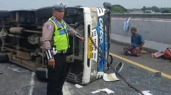 Isuzu Elf rombongan asal Sampang terguling di Tol Jombang-Mojokerto akibat ban belakang kiri pecah