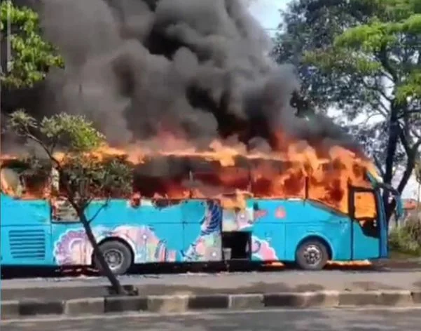 Bus Coyo Terbakar di Jalur Pantura Cirebon, Penumpang Selamat