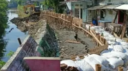 Perbaikan tanggul ambles di Kalibanteng Kidul Semarang menggunakan trucuk bambu dan sand bag