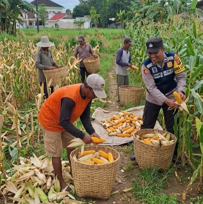 Bhabinkamtibmas Polres Sumenep membantu proses panen jagung petani di Desa Torbang Kecamatan Batuan