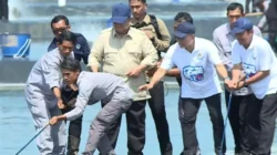 Prabowo Subianto mengikuti panen raya udang di Tambak Budidaya Udang Berbasis Kawasan Kebumen Jawa Tengah 2026
