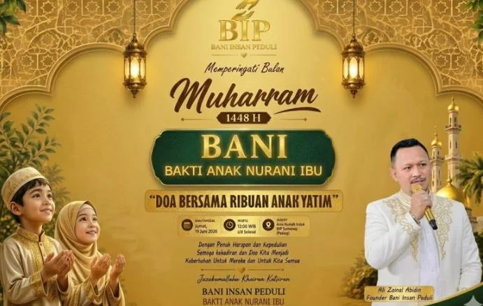 Ali Zainal Abidin memimpin Doa Bersama Ribuan Anak Yatim dalam kegiatan BIP Foundation menyambut Muharram 1448 Hijriah di Sumenep.