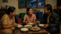 Keluarga sederhana makan malam bersama dengan penuh kasih sayang di rumah saat hujan