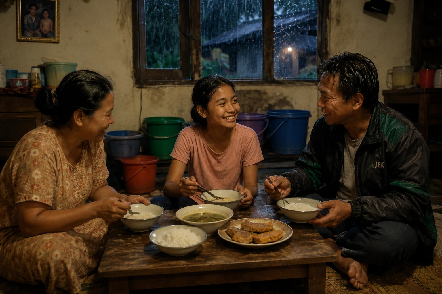 Keluarga sederhana makan malam bersama dengan penuh kasih sayang di rumah saat hujan