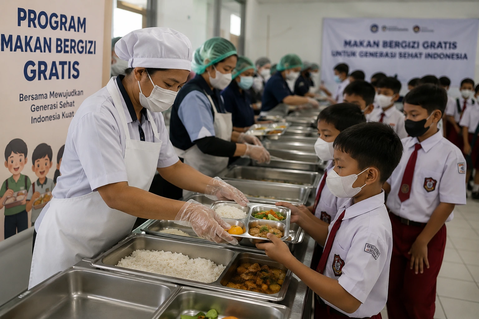 Siswa sekolah menerima makanan gratis dari program Makan Bergizi Gratis sebagai simbol kebijakan sosial pemerintah