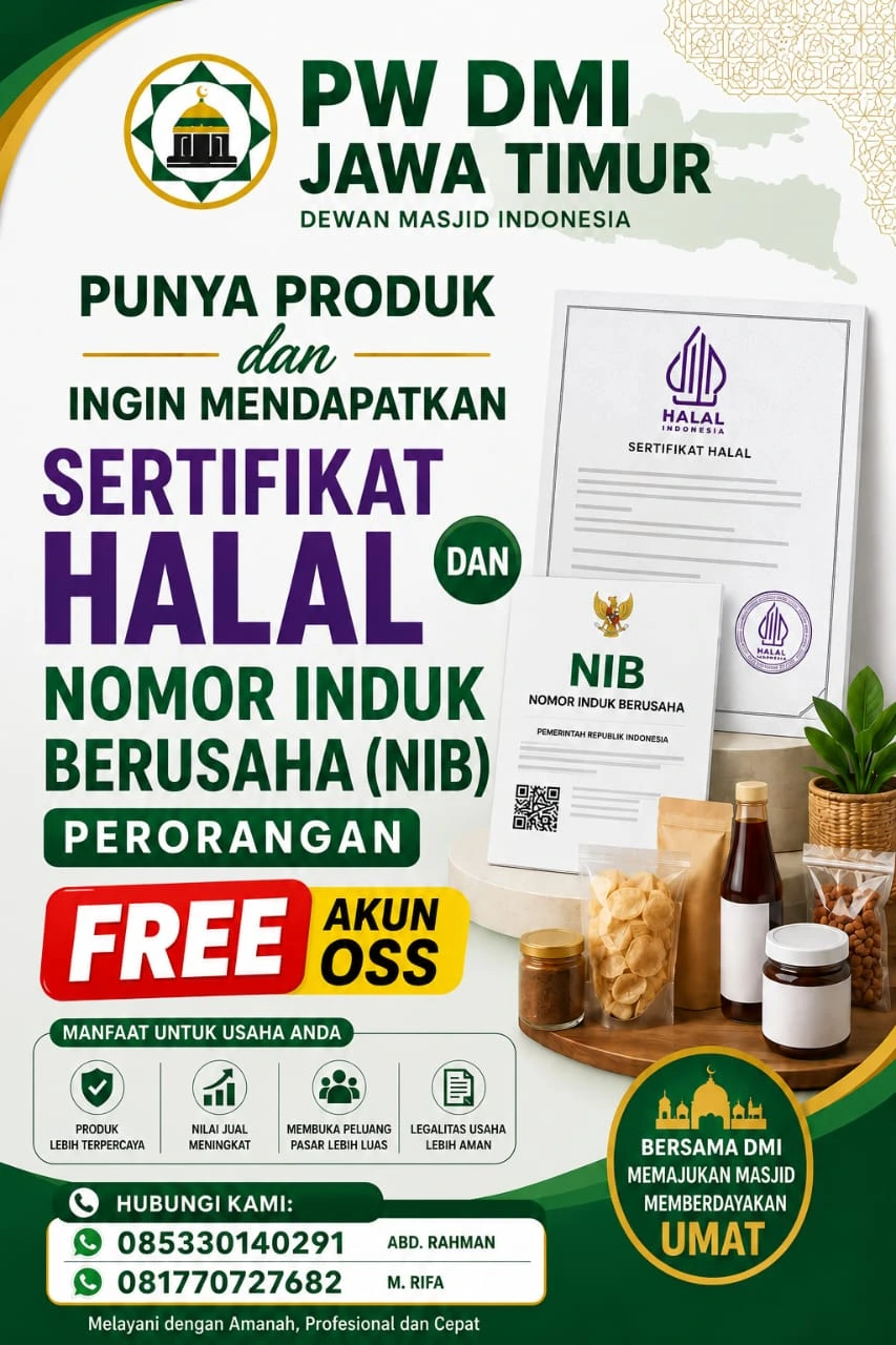PW DMI Jawa Timur membuka layanan gratis pembuatan Sertifikat Halal dan Nomor Induk Berusaha (NIB) perorangan lengkap dengan akun OSS untuk pelaku UMKM
