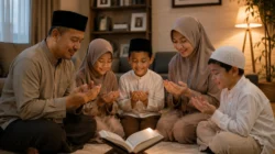 Ilustrasi keluarga harmonis sedang berdoa bersama dengan penuh kasih sayang