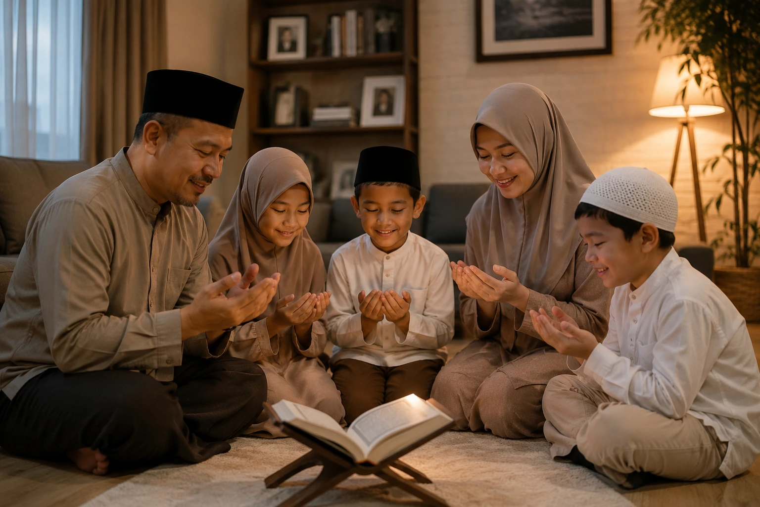 Ilustrasi keluarga harmonis sedang berdoa bersama dengan penuh kasih sayang