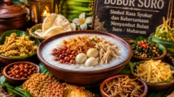 Bubur Suro lengkap dengan telur rebus, ayam, serundeng, dan pelengkap lainnya sebagai hidangan tradisional saat menyambut Bulan Suro atau Muharam