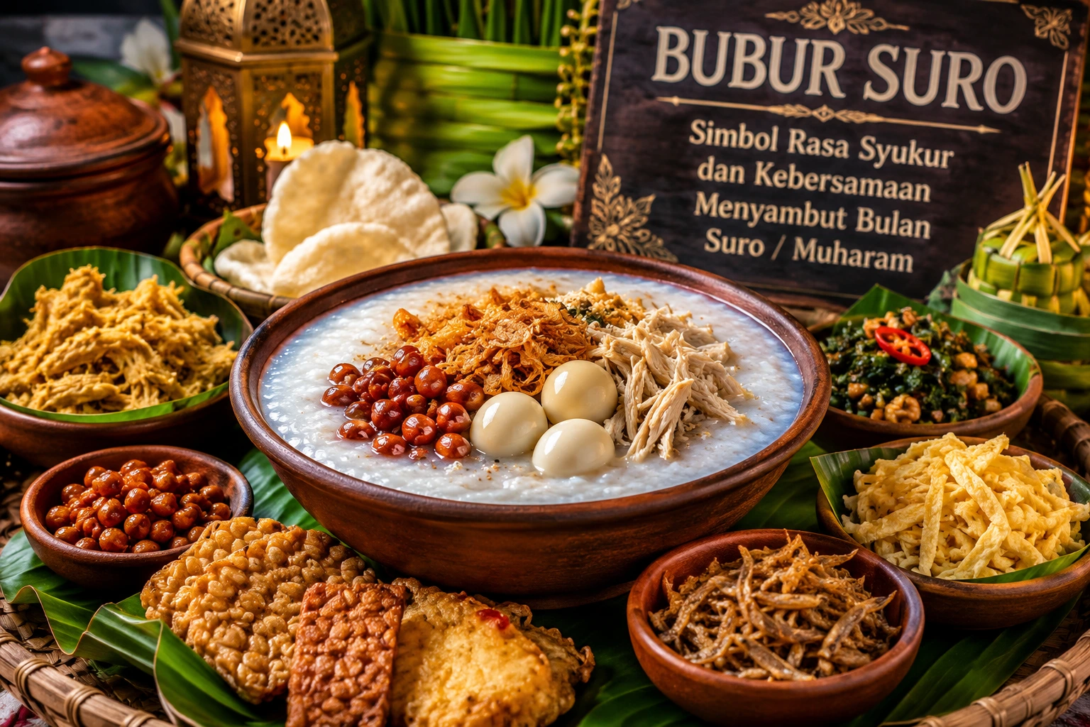 Bubur Suro lengkap dengan telur rebus, ayam, serundeng, dan pelengkap lainnya sebagai hidangan tradisional saat menyambut Bulan Suro atau Muharam