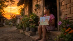 Bocah perempuan menunggu ayah pulang di depan rumah sederhana saat senja, ilustrasi kisah haru keluarga