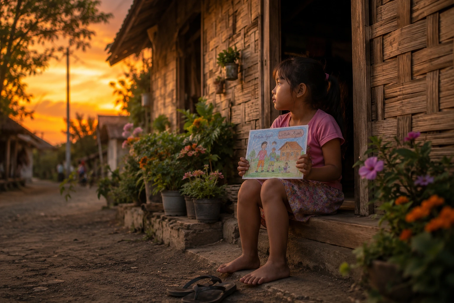Bocah perempuan menunggu ayah pulang di depan rumah sederhana saat senja, ilustrasi kisah haru keluarga