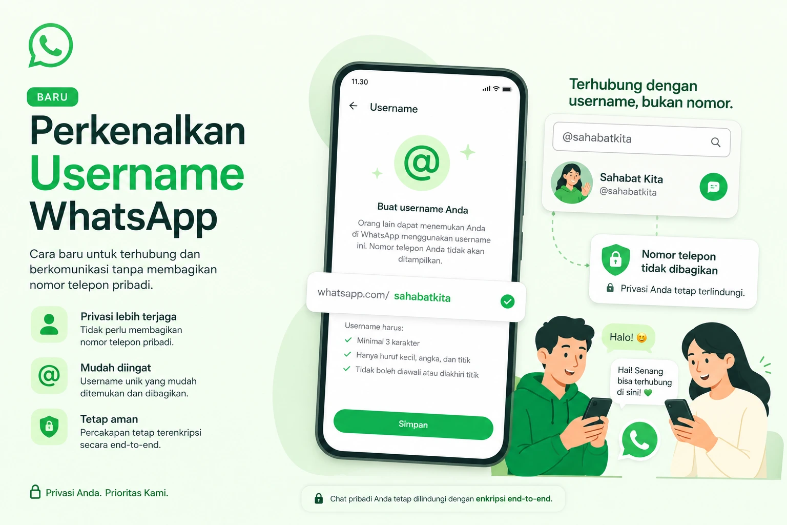Tampilan fitur username WhatsApp yang memungkinkan pengguna mengirim pesan tanpa memperlihatkan nomor telepon kepada pengguna lain