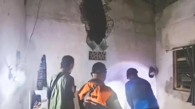 Petugas BPBD Situbondo mengevakuasi pohon kelapa tumbang yang merusak rumah warga di Banyuputih.