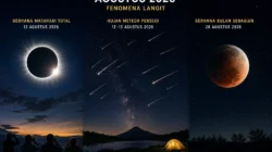 Ilustrasi fenomena langit Agustus 2026 dengan gerhana Matahari total dan hujan meteor Perseid.