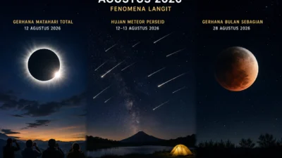 Ilustrasi fenomena langit Agustus 2026 dengan gerhana Matahari total dan hujan meteor Perseid.