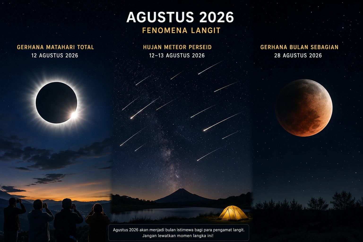 Ilustrasi fenomena langit Agustus 2026 dengan gerhana Matahari total dan hujan meteor Perseid.