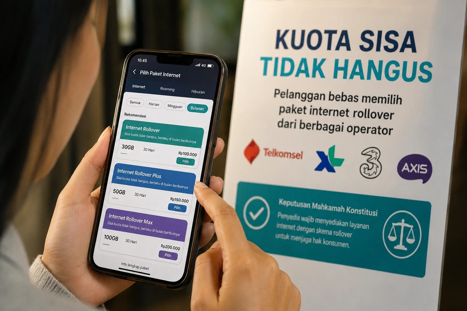 Ilustrasi pengguna smartphone mengecek paket kuota internet rollover Telkomsel, IM3, dan XLSmart
