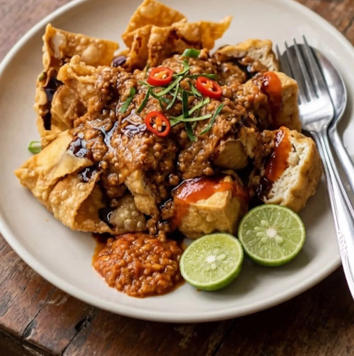 Batagor Bandung asli dengan tahu, ikan tenggiri, dan kulit pangsit goreng yang disiram bumbu kacang gurih khas Bandung