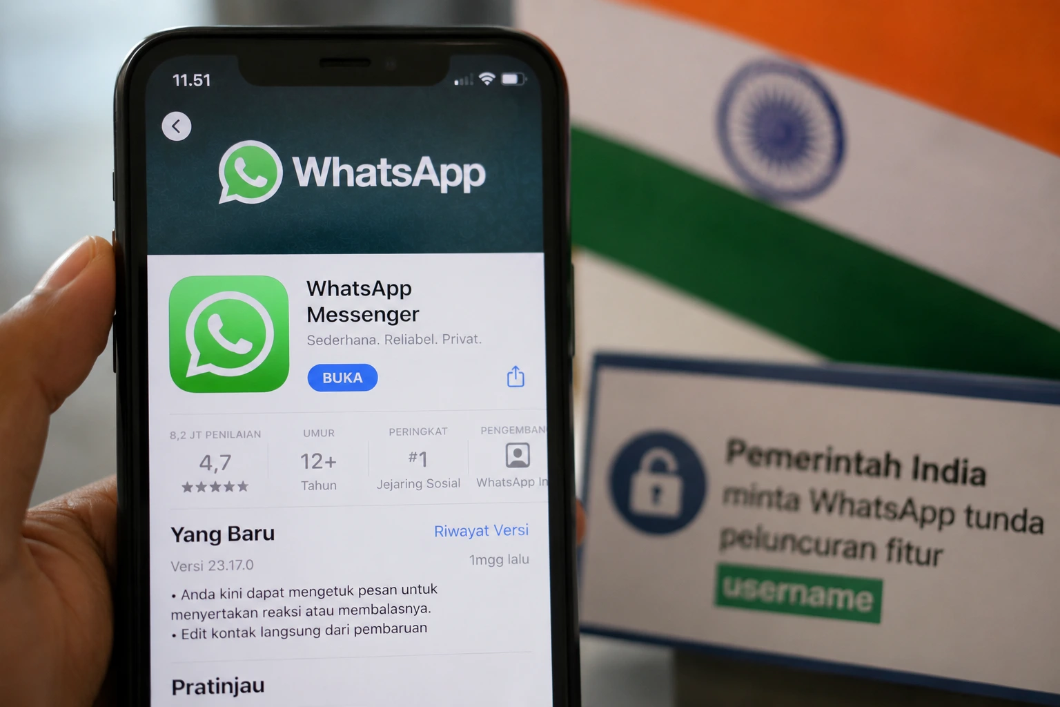 Logo WhatsApp di layar ponsel terkait rencana peluncuran fitur username yang mendapat sorotan dari Pemerintah India