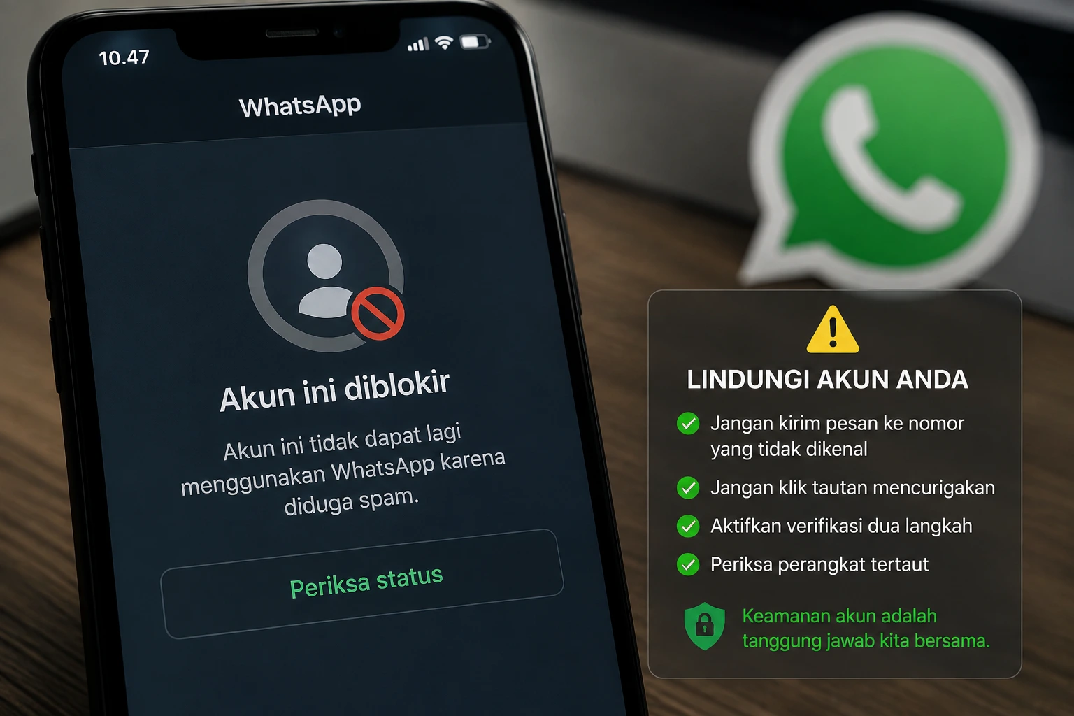 Akun WhatsApp diblokir setelah terdeteksi mengirim spam judi online.