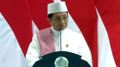 Menteri Agama Nasaruddin Umar menyampaikan salam Presiden Prabowo Subianto pada acara Zikir dan Doa Kebangsaan 2026 di Monas.
