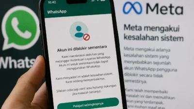 Ilustrasi aplikasi WhatsApp yang mengalami pemblokiran akun akibat kesalahan sistem.