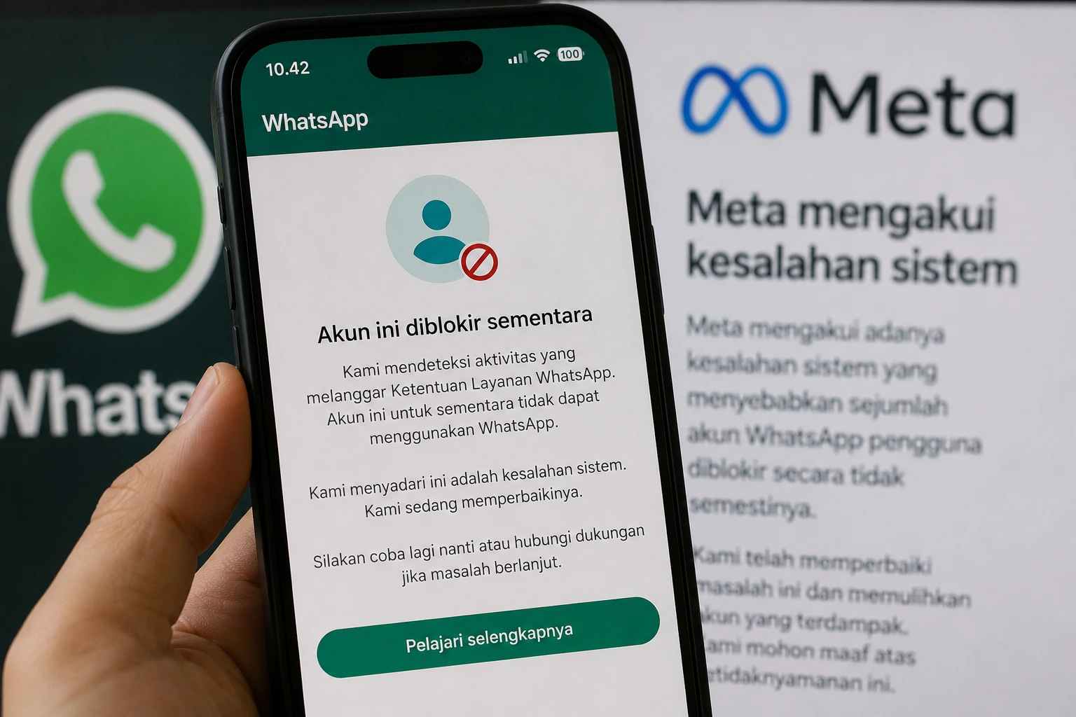 Ilustrasi aplikasi WhatsApp yang mengalami pemblokiran akun akibat kesalahan sistem.