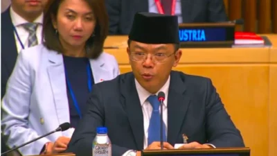 Menlu RI Sugiono menyampaikan pernyataan di Markas Besar PBB di New York.