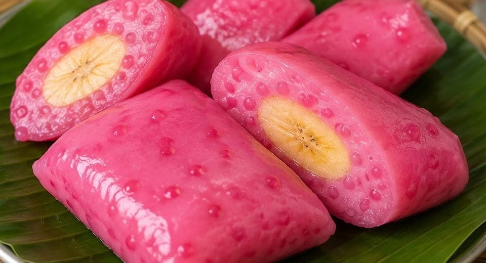 Kue nagasari sagu mutiara pink isi pisang
