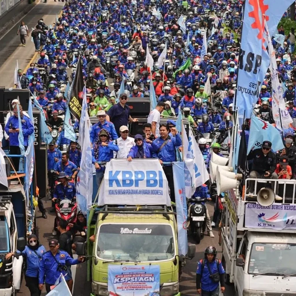 Ilustrasi aksi buruh KSPSI AGN dan KBPBI di Jakarta