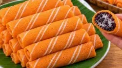 Resep dadar gulung oranye isi ketan hitam dengan kulit lembut dan isian ketan hitam yang kenyal