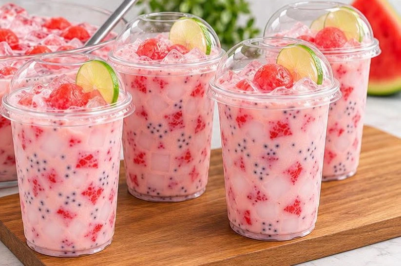 Resep es semangka India segar dengan potongan semangka merah, sirup, dan es batu